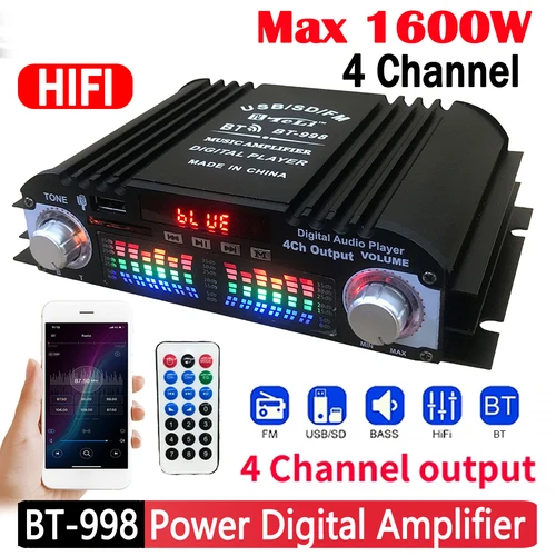 Imagen 1 del producto Mini amplificador estéreo Digital HIFI de potencia máxima de 1600W, amplificador de Audio de sonido de 4 canales con Control remoto, Radio FM, USB, BT, reproductor de Karaoke