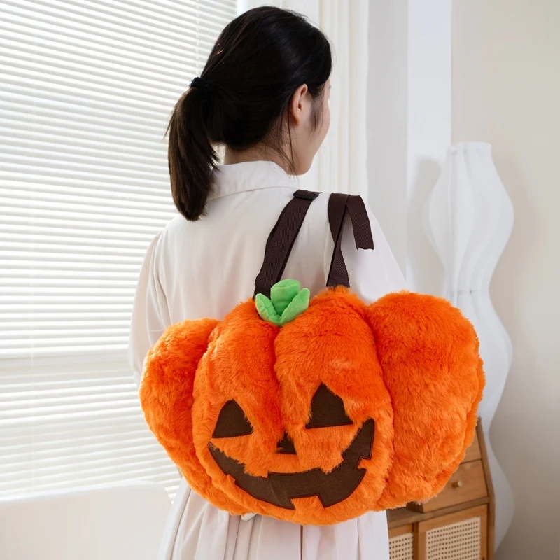 Linda mochila de felpa de calabaza Grimace de Halloween, bolsa de calabaza de dibujos animados cálida y cómoda creativa para poner cosas en el interior, bonito regalo de Festival