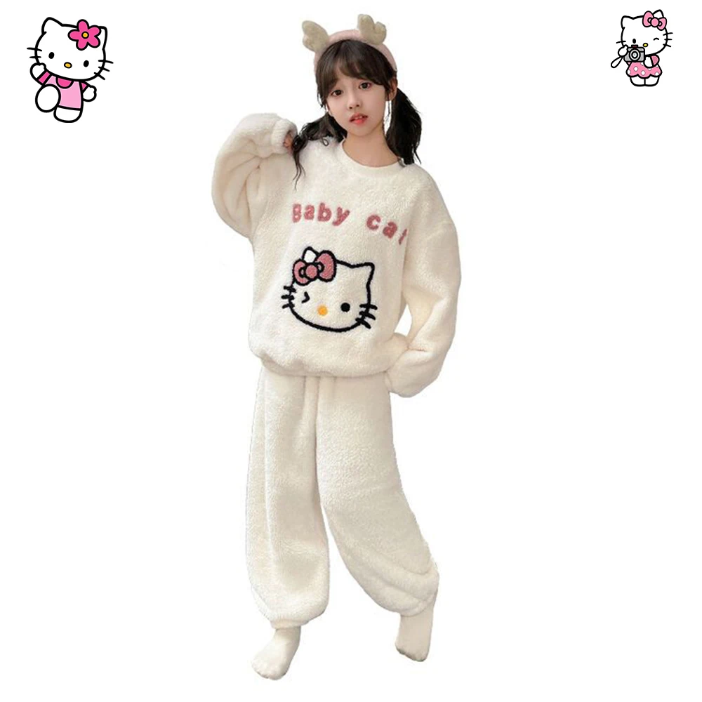 

Детские фланелевые пижамы с рисунком Hellokitty для девочек, осенне-зимние пижамы с круглым вырезом, милые аниме Sanrio, сохраняющие тепло, комплект домашней одежды, подарки
