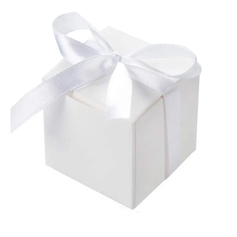100PCS White Brown Gift Candy Box Bulk with White Ribbon Party Favor Box DIY Candy Chocolate Gift Box for Wedding Birthday