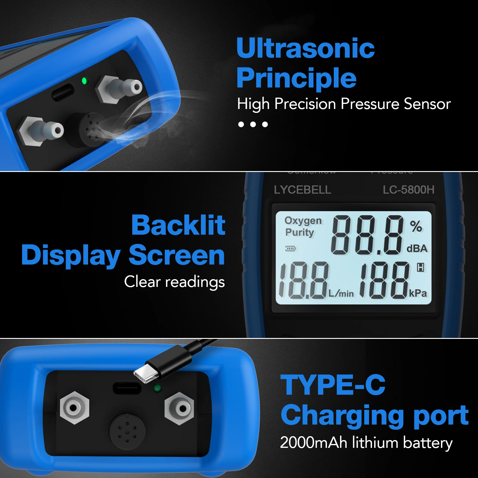 كاشف الغاز كاشف الأكسجين ، كاشف الأكسجين بالموجات فوق الصوتية لتركيز الأكسجين الضغط والتدفق ، كاشف الغاز الطبيعي المحمول #5