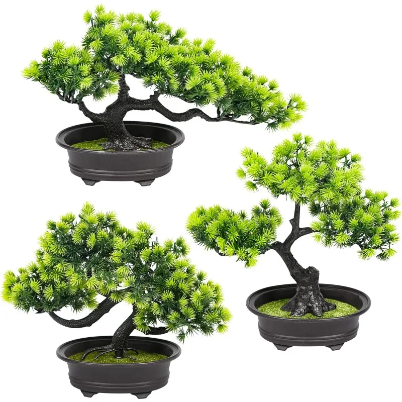 Bonsai Tree Fake Plants 3 POTS Artificial Plant Indoor Small Faux Juniper Decoration, Office Desk Shelf Bedroom Living Room