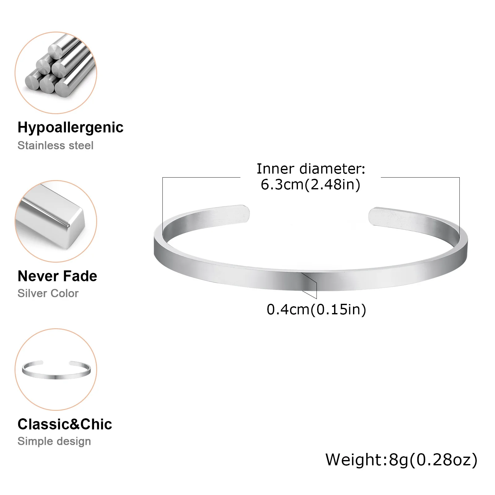 Vnox Simple 3mm-10mm Bangles for Women Men, Classic Glossy Stainless Steel Open Cuff Bracelets, Unisex Plain Wristband image 3