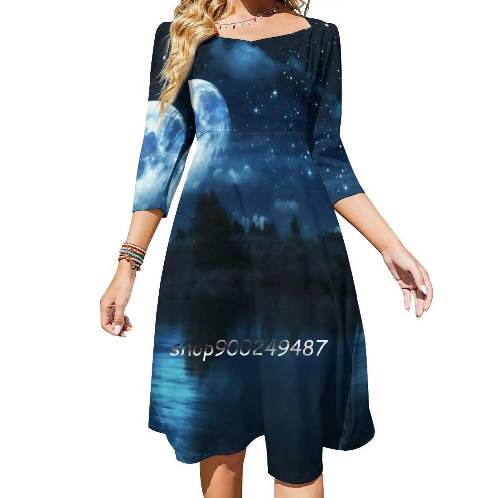 Full Moon Over River Flare Dress Square Neck Dress Elegant Female Fashion Printed Dress Water Lunar Night Nature Sky Reflection