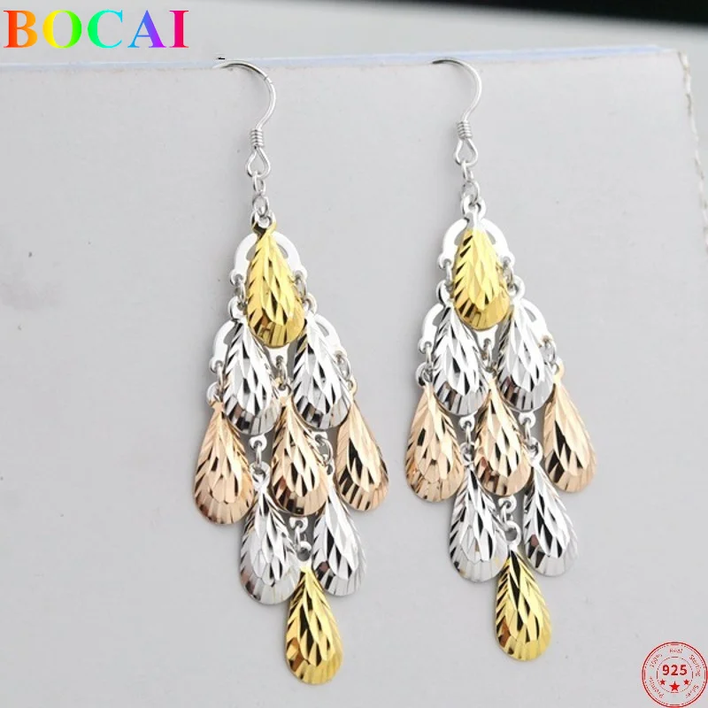 

BOCAI S925 Sterling Silver Ear Drop for Women 2022 Christmas Flower Fairy Long Tassel Color Earrings Gift For Valentine's Day