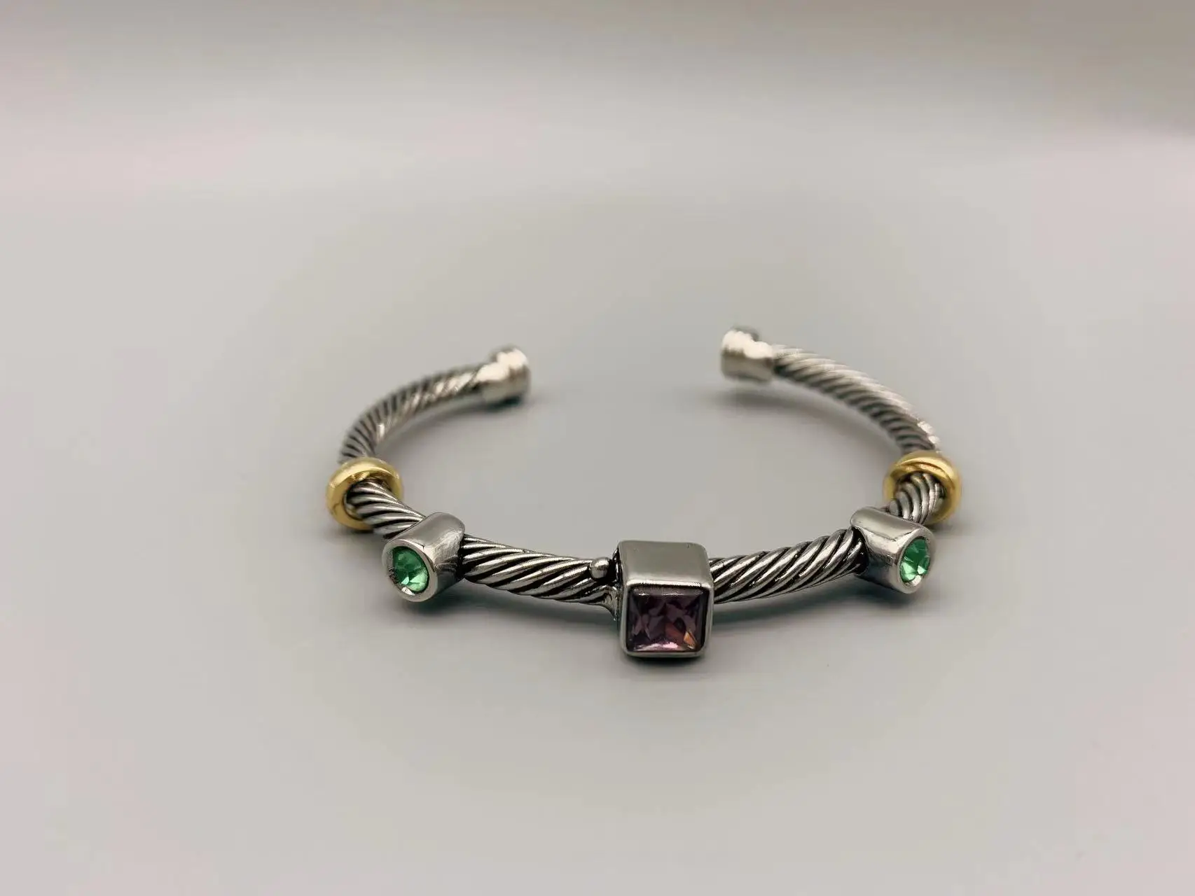 

Le Han Jewelry Silver Cable Purple And Green Stone With 18k Gold Plated Cuff Bracelet 4Mm