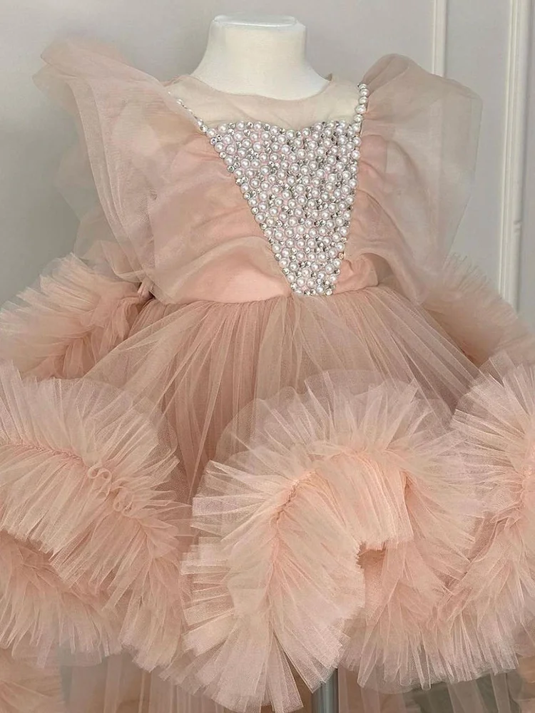 Vestido elegante de flores para niña, para boda, tul, perlas hinchadas, sin mangas, princesa, fiesta de cumpleaños para niños, vestidos de baile de primera comunión