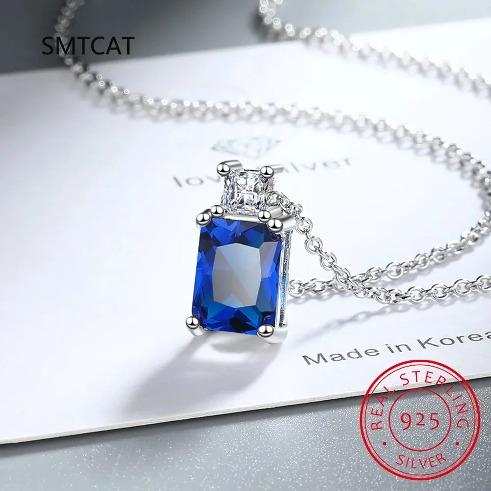 Emerald Cut Created Blue Sapphire 925 Sterling Silver Square Pendant Necklace for Women Gemstone Fine Jewelry Colar de Prata