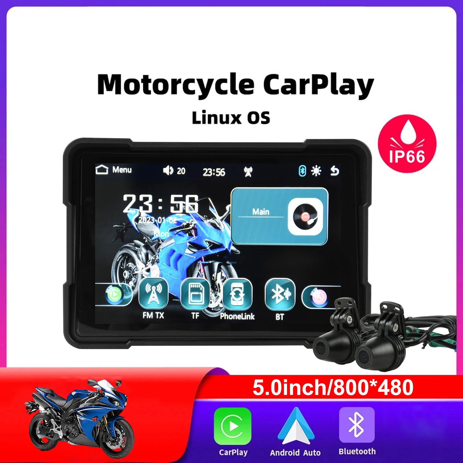 5 Inch Motorcycle GPS Navigator Screen 1000nit IP66 Waterproof Wireless Carplay Android Auto Multimedia Player With Dual Cameras