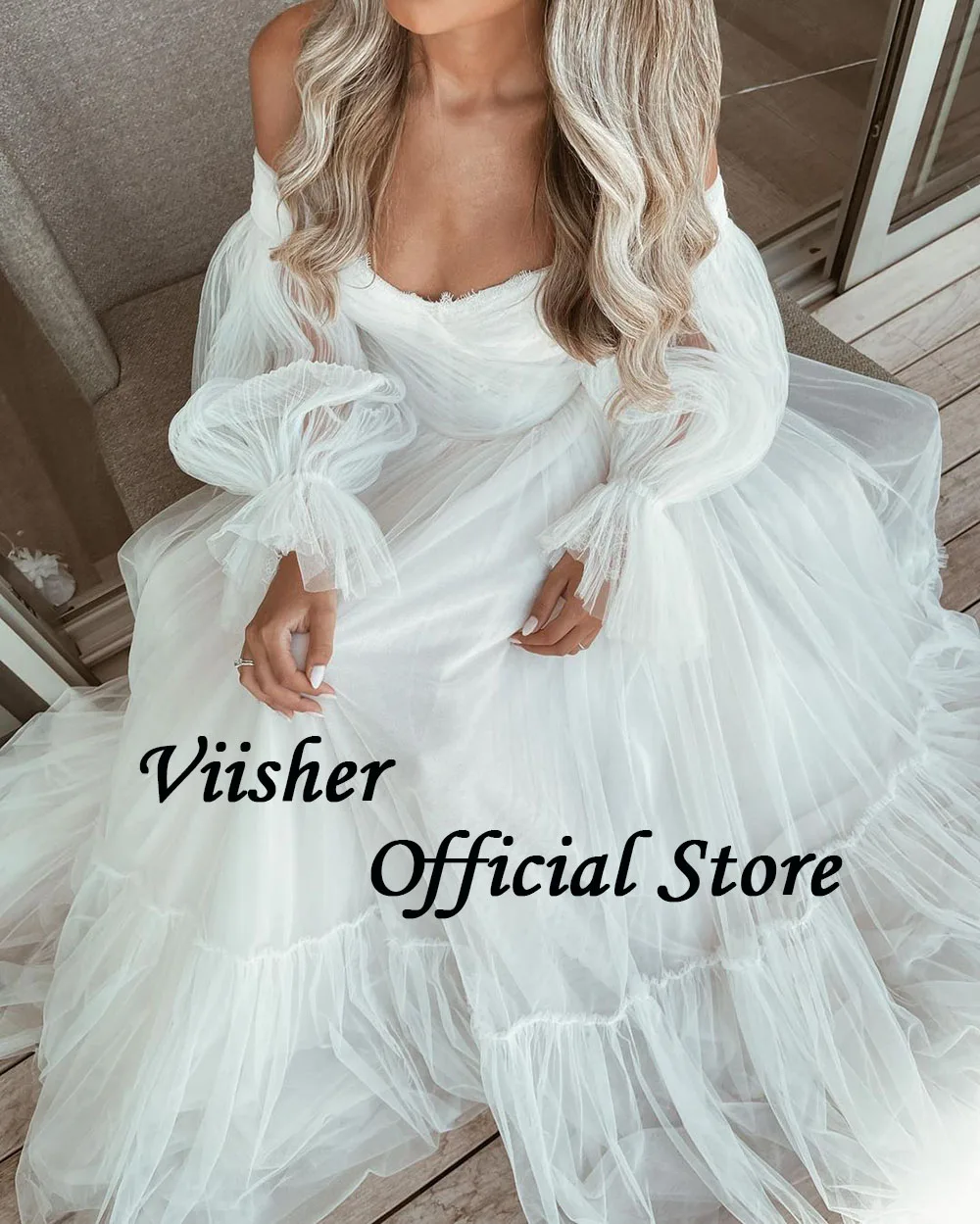 White Tulle A Line Wedding Dresses Puff Sleeve Corset Sweetheart Bride Dress Long Civil Wedding Gowns