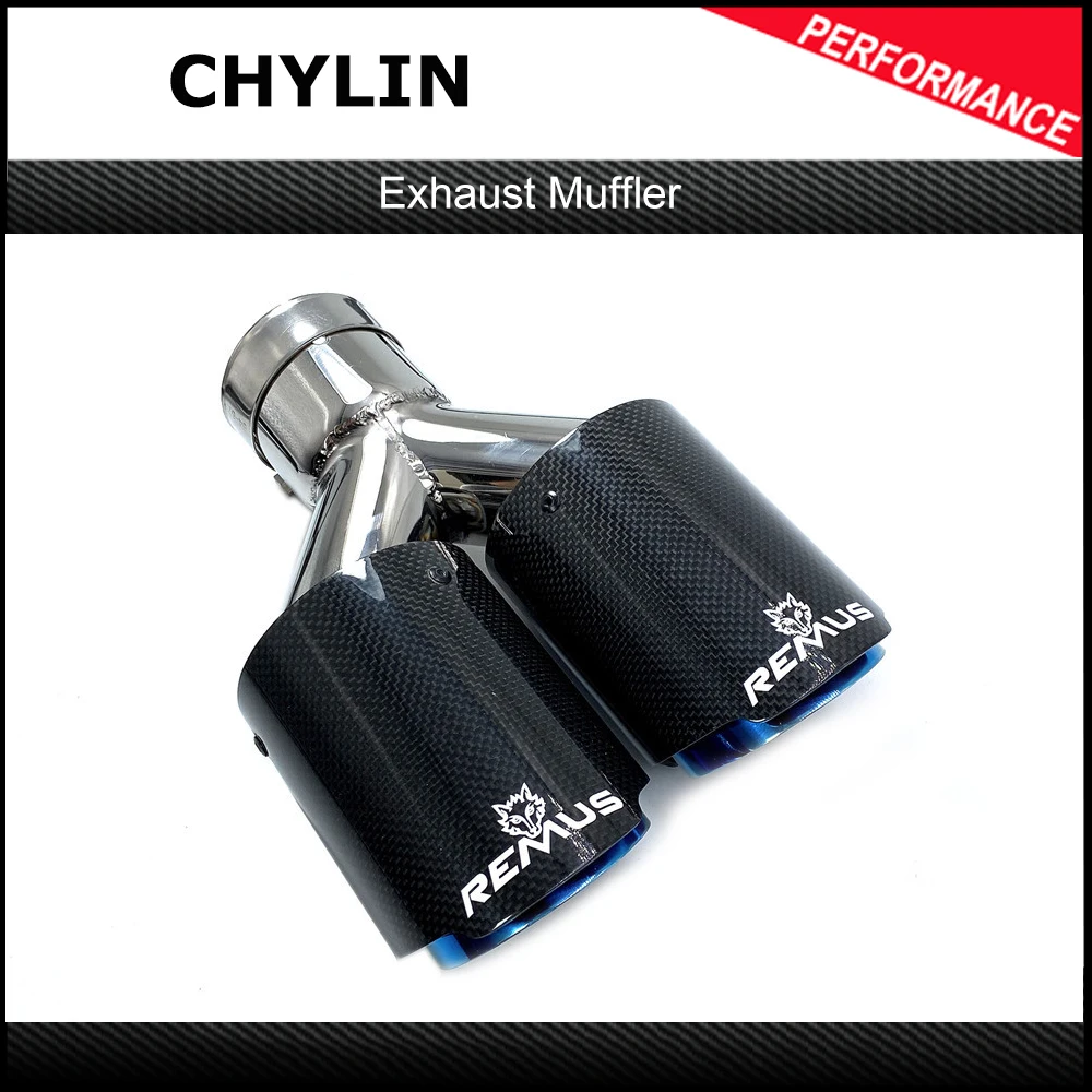 1 PC Dual Twill Glänzende Carbon Faser Schalldämpfer Spitze Mit Remus Logo Blau Edelstahl Auspuff Spitze Flansch Gerade Für BMW E90
