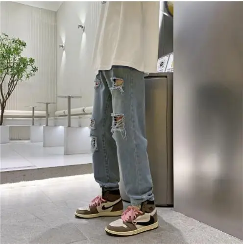 High Street Ripped Jeans Male Tide Brand Hip-hop Wide-legPants Summer Thin Section Straight Loose Casual men's loose ripped jean