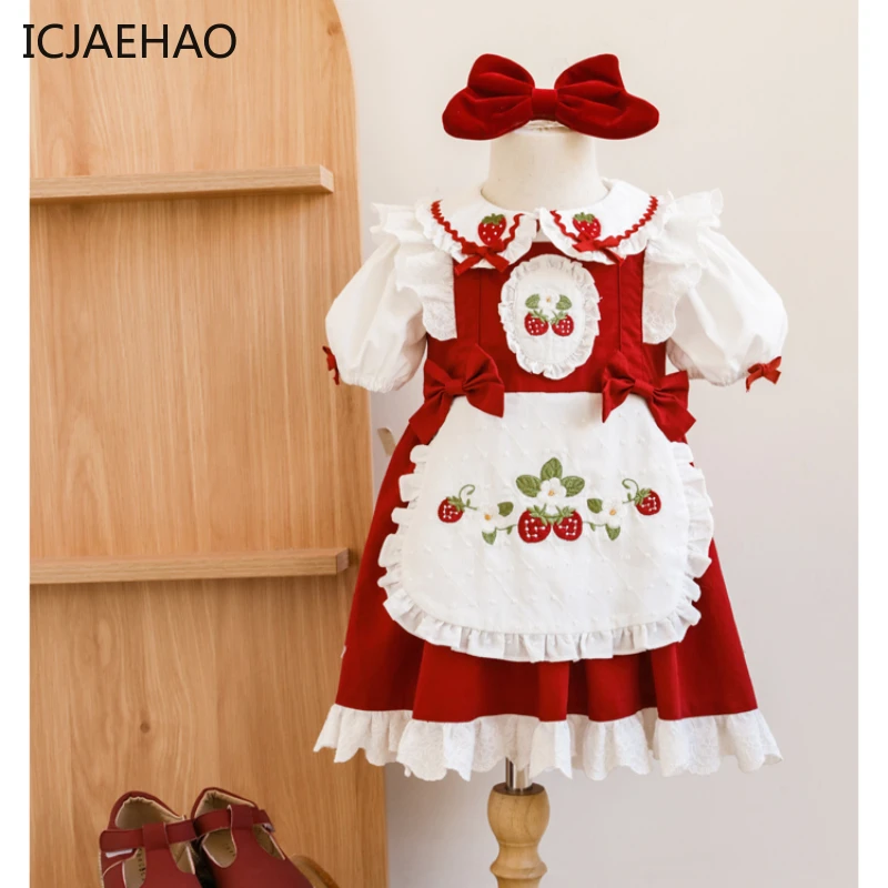 ICJAEHAO Kids Girl Lolita Strawberry Embroidery Dresses  Spanish Princess Elegant Parties Infant Easter Holiday Gowns Matching