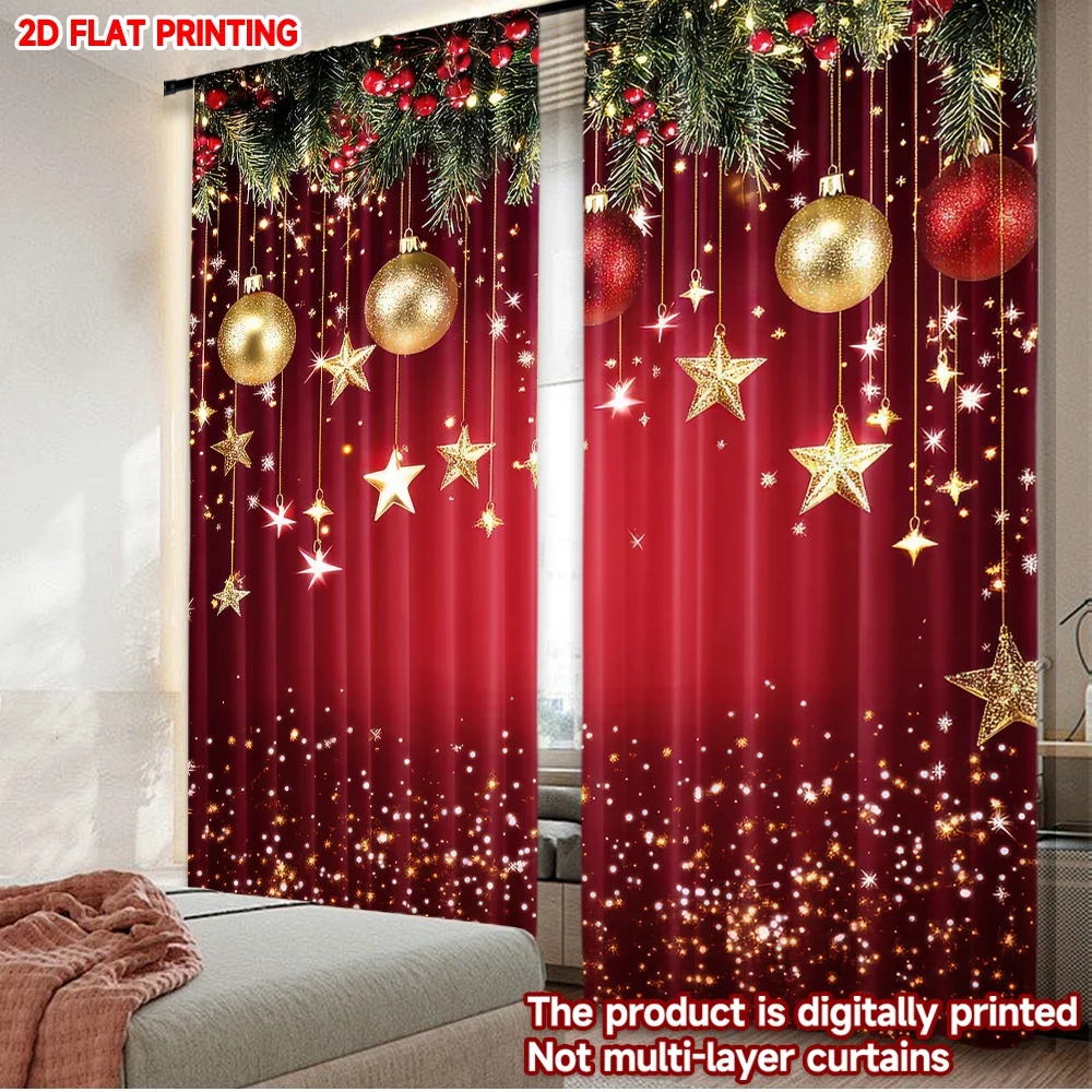 2D-Flachdruck, 2 Stück, modische Weihnachtsvorhänge, Weihnachten, goldene Sterne, leuchtende, digital bedruckte Polyester-Vorhänge, langlebige Familie
