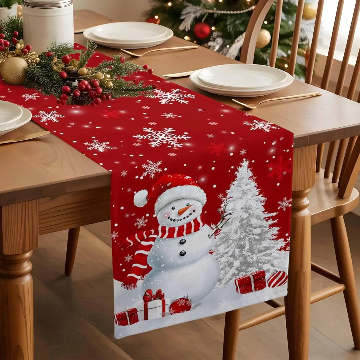 عيد الميلاد ثلج شجرة عيد الميلاد الكتان الجدول عداء ديكور الحفلات قابلة لإعادة الاستخدام الشتاء الثلج طاولة طعام العدائين زينة عيد الميلاد #2