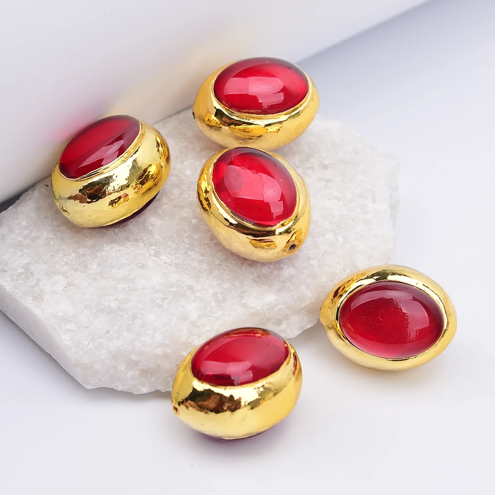 APDGG 5 Pcs Oval Shape Red Quartz Colored Gemstones Gold Edged Egg Beads For Necklace Earrings DIY Jewelry Findings