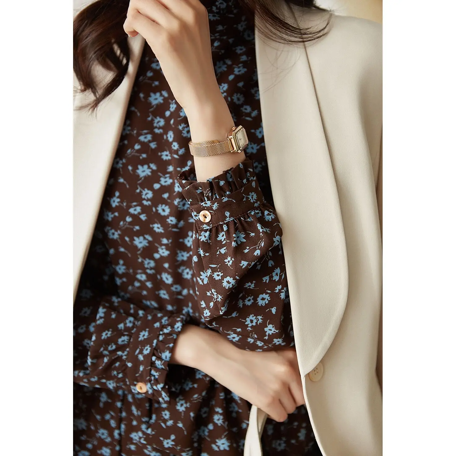 가을 꽃 프린트 미디 드레스 캐주얼 루즈 긴 소매 하이 웨이스트 A라인 스커트 여성용 레저웨어 코튼 베스티도스 F181