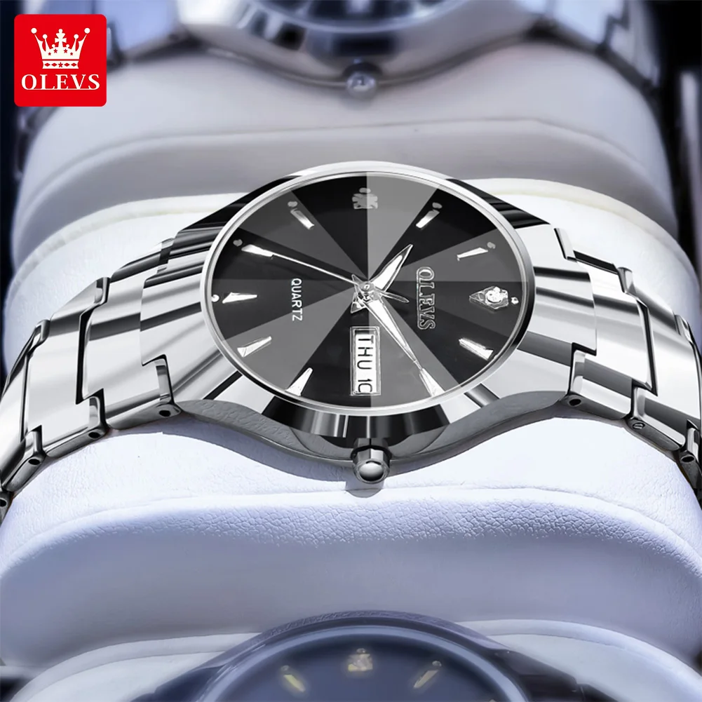 OLEVS 8697 Luxury Couple Watch Tungsten Steel Strap Fashion Waterproof Calendar Diamond dial Lover's Quartz Watch for Men Women