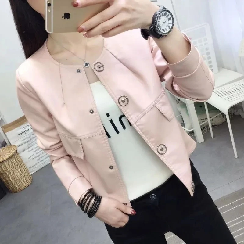 Short Leather Jacket Women\'s Spring Autumn Coat Tops 2024 New Korean Version Slim Round Neck PU Leather Locomotive Jacket Female