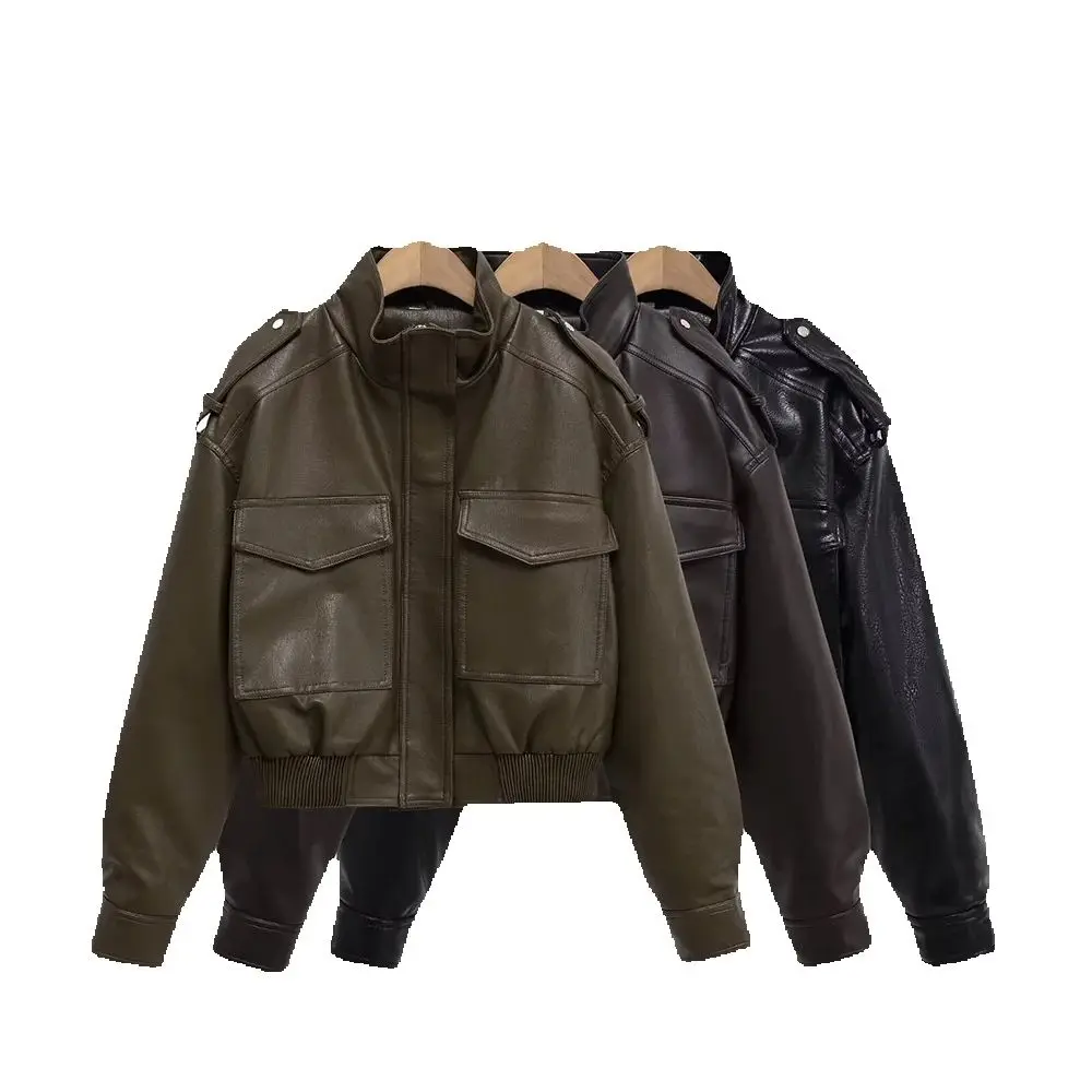 

Осенний новый продукт в европейском и американском стиле, женская универсальная яркая короткая куртка с воротником-стойкой и длинными рукавами