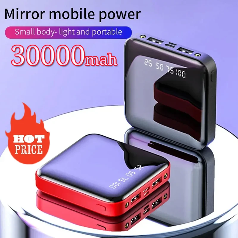 30000mAh Power Bank Built-In Cord Mobile Power Mirror Digital Display Screen Supply Compact Portable External Battery Powerbank