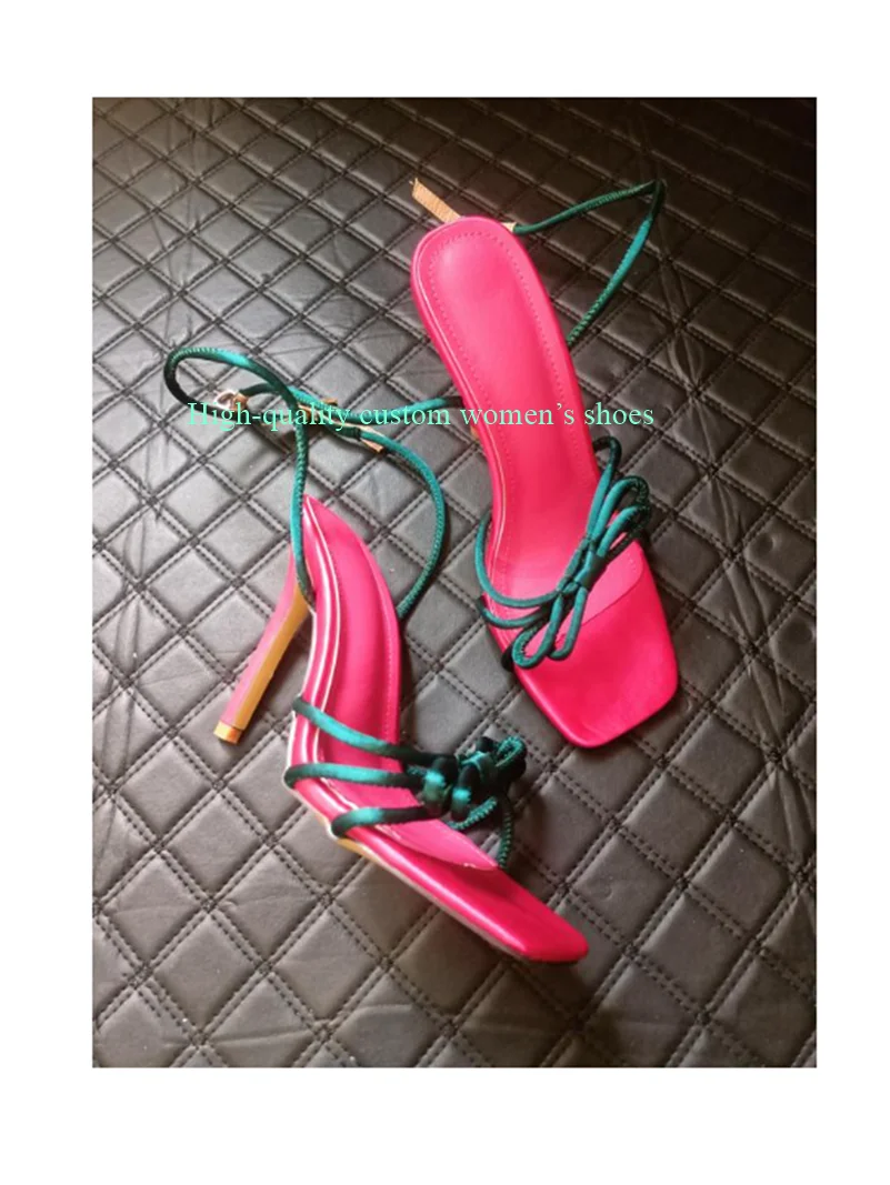 

Square Head Toe Double Layer Bow Lace-Up High-Heeled Sandals Ankle Buckle Shallow Luxury High Heels Women's Shoes For Banquets