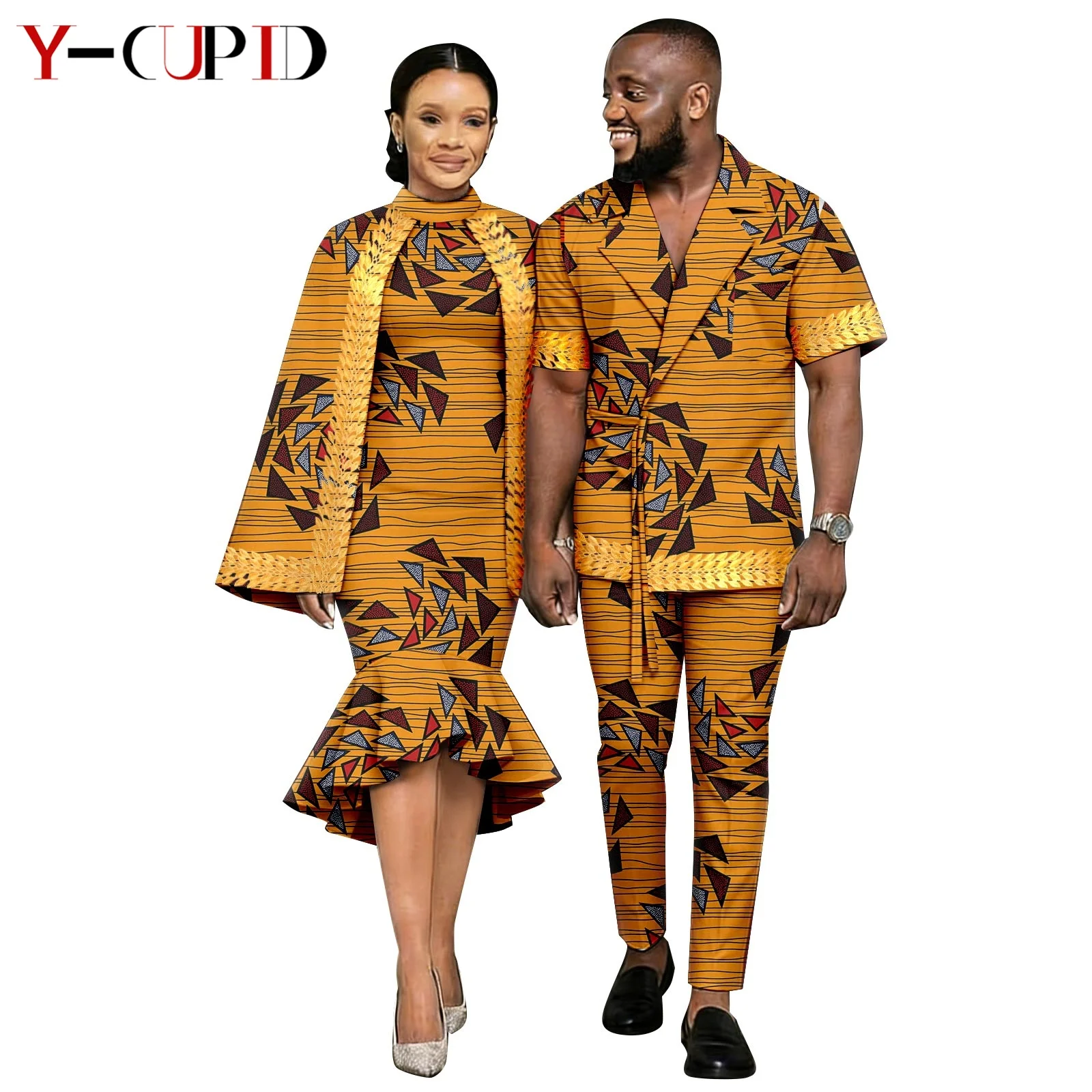 

African Print Appliques Jacket Dresses for Women Matching Men Outfit Dashiki Top and Pant Sets Couples Clothes Party Wear 26C024