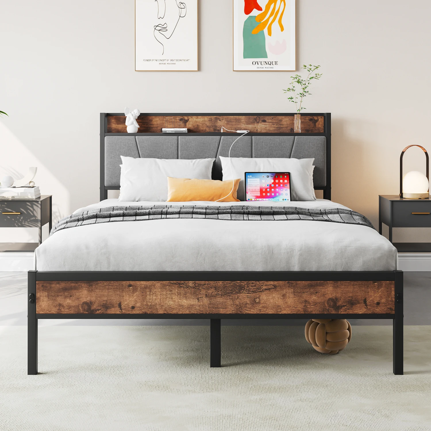 

Full Size Bed Frame, Storage Headboard with Charging Station, Solid and Stable, Noise Free, No Box Spring Needed, Easy Assembly,