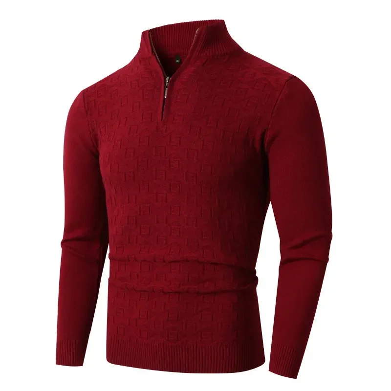 Men's Autumn New Fashion Half Zip Stand Collar Knit Pullover Sweater, Solid Color Jacquard Casual Long-sleeved Knitted Sweater