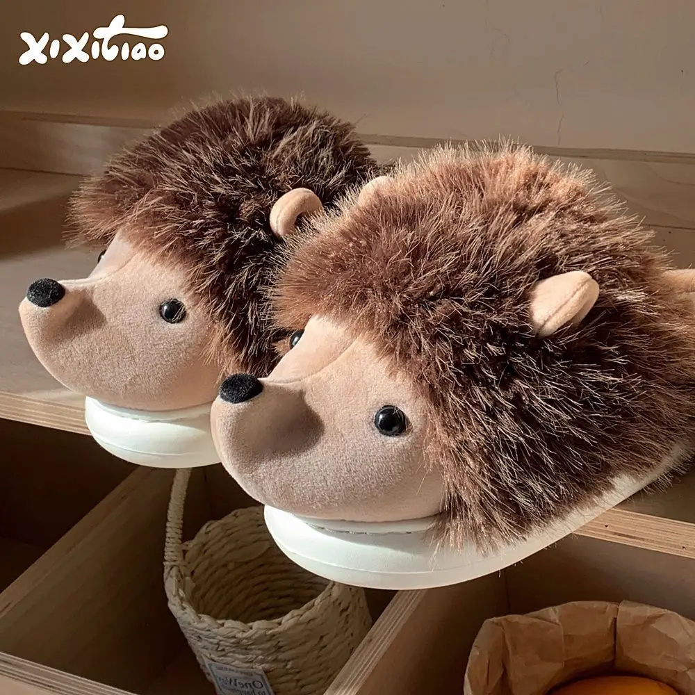 

funny fuzzy hedgehog slippers woman winter warm home shoes ladies soft cozy cartoon animal slipper female fluffy flats slides