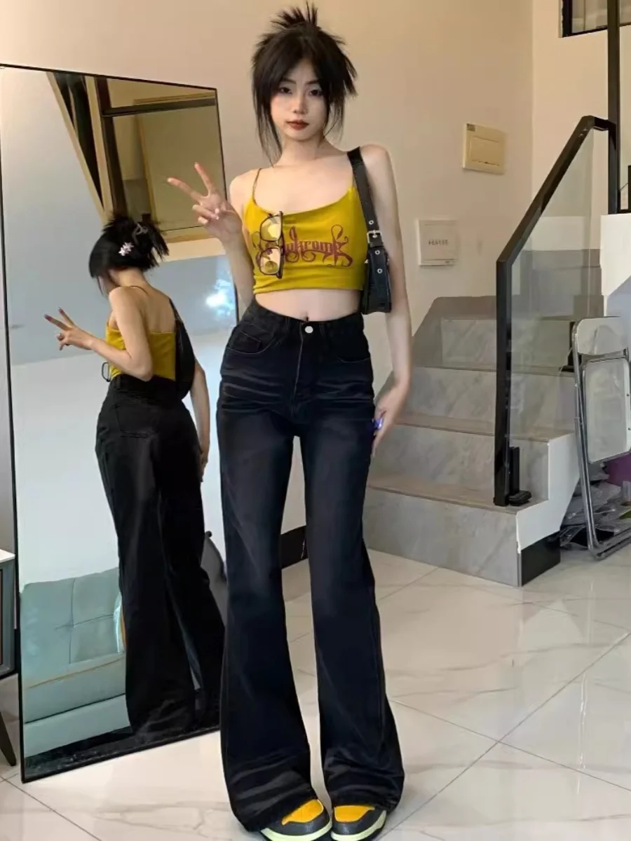 Retro Black Faded Denim Jeans High Waist Slimming Elastic Women's Spring Autumn Long Micro Flared Floor-Length Trendy Pants