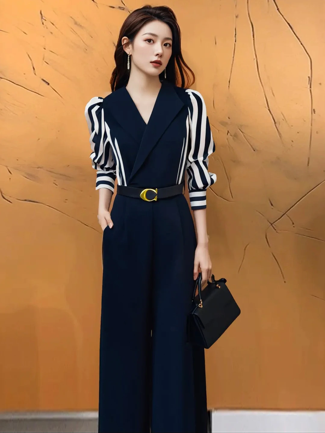 Ele Tuta a gamba larga a vita alta da donna Faion Patchwork a righe Abito intero Autunno Nuovo arrivo Premium Feeling