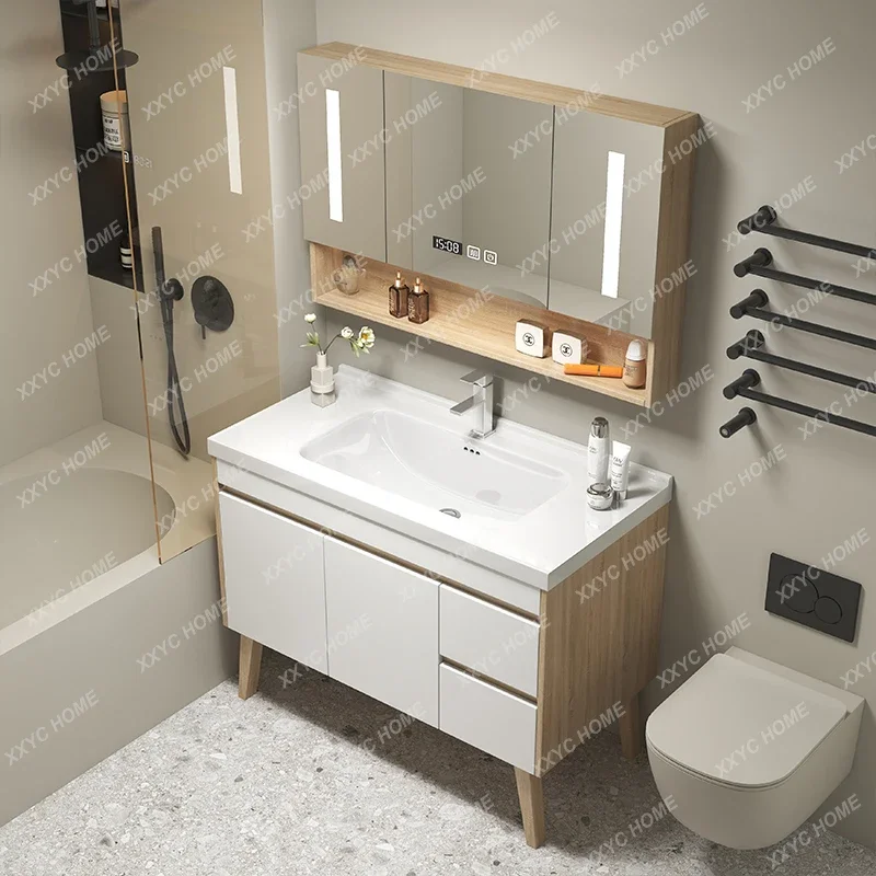 Bathroom Cabinet Floor-Mounted Integrated Ceramic Basin Bathroom Mirror Cabinet Wash Basin