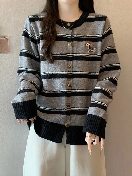 

plus Size Women's Lazy Sle Striped Long Sve Knitwear Jaet Autumn New Slimming Versatile Knitted Top Color Blo Sweater