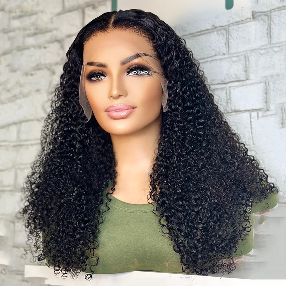 Soft Natural Black Glueless 180Density 26inch Long Kinky Curly Deep Lace Front Wig For Women With Baby Hair Preplucked Daily