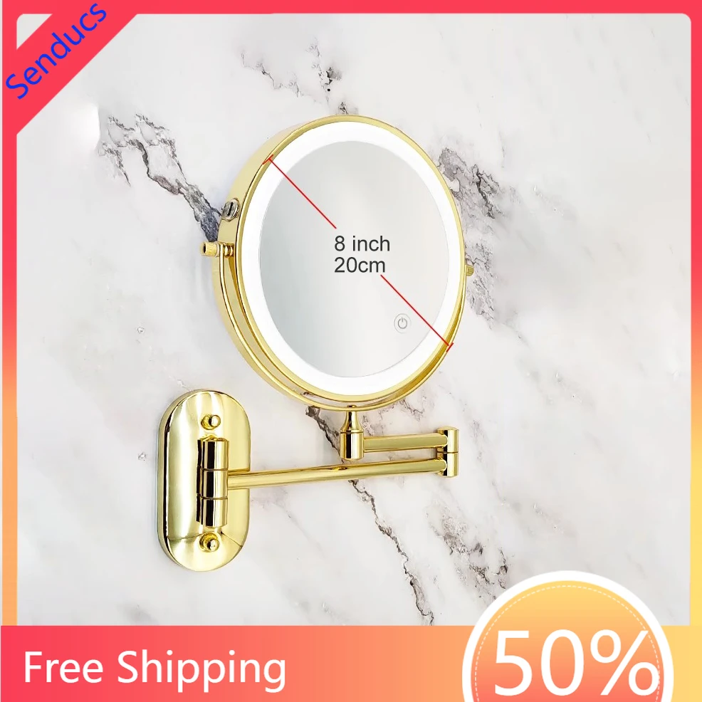 Gold Finish LED Lighted Bathroom Mirror Dual Arm Extend Folding Bathroom Fixture Mirrors with 5X Magnifying Bath Makeup Mirrors