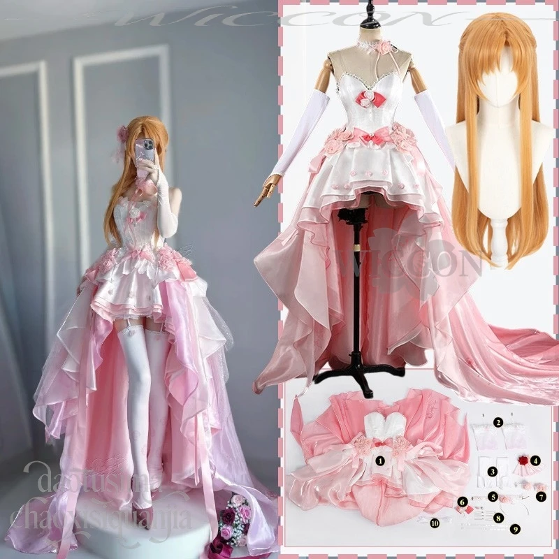 asuna-yuuki-anime-cosplay-rose-wedding-dress-sexy-off-shoulder-pink-sweet-lolita-long-tail-wig-set-for-halloween-and-christmas