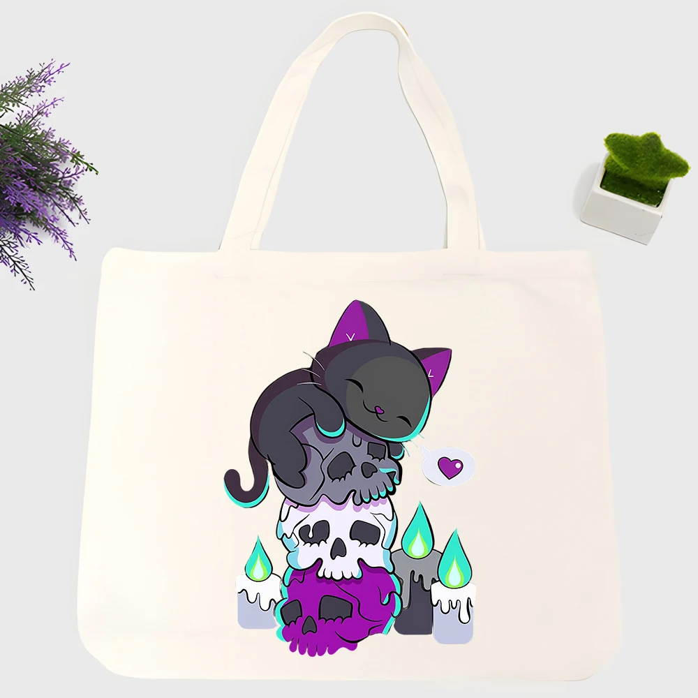 black cat and skull graphic canvas tote bag, Gothic style for daily shopping and casual outings