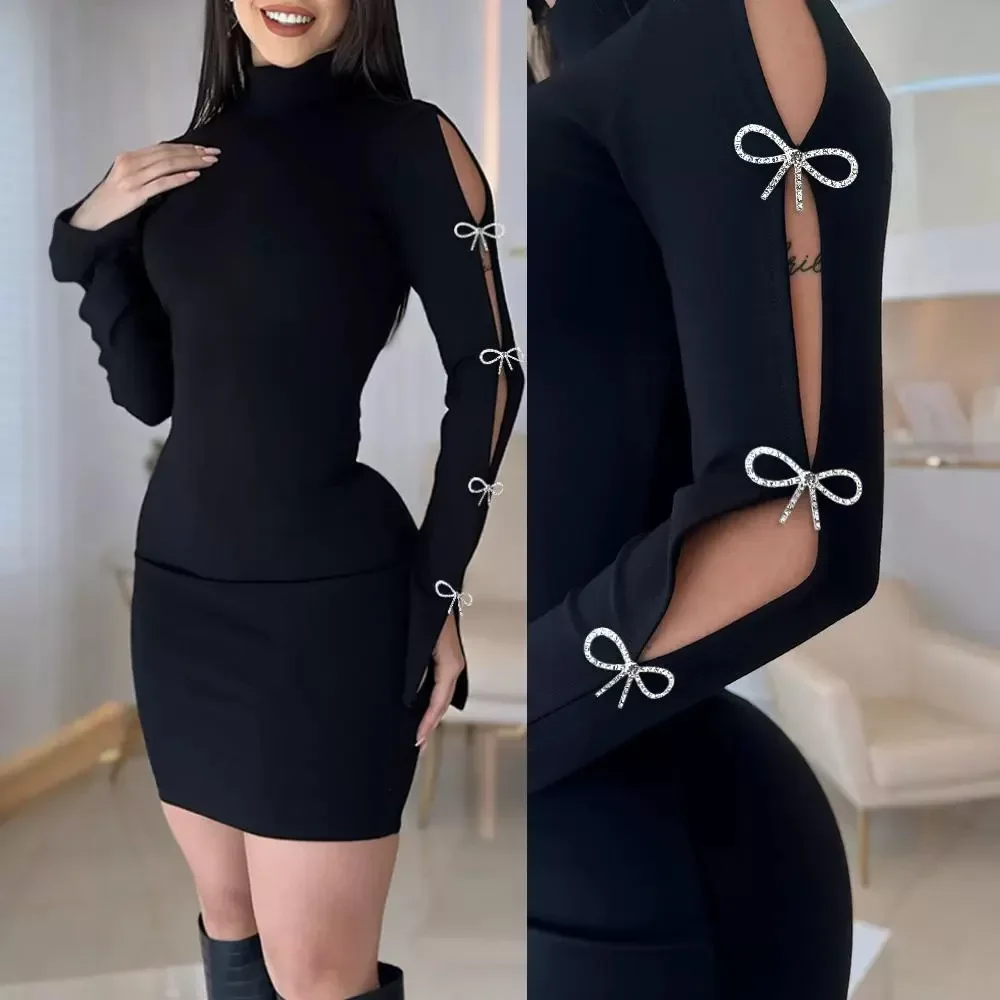 Sexy Dress woman Elegant Evening Party New Fashion Hollow Out Rhinestone Bowknot Decor Bodycon Dresses 2024 Autumn Winter Spring