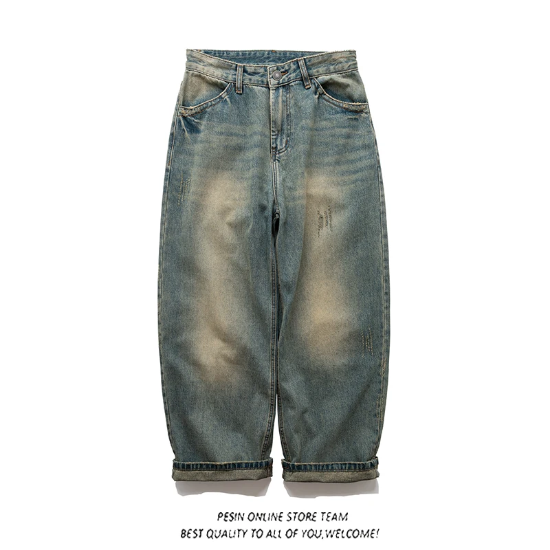 

Retro American Waed Straight Leg Wide ape Men's Jeans Trendy Brand Knife Old Dad Pants Youthful Casual Cotton Denim