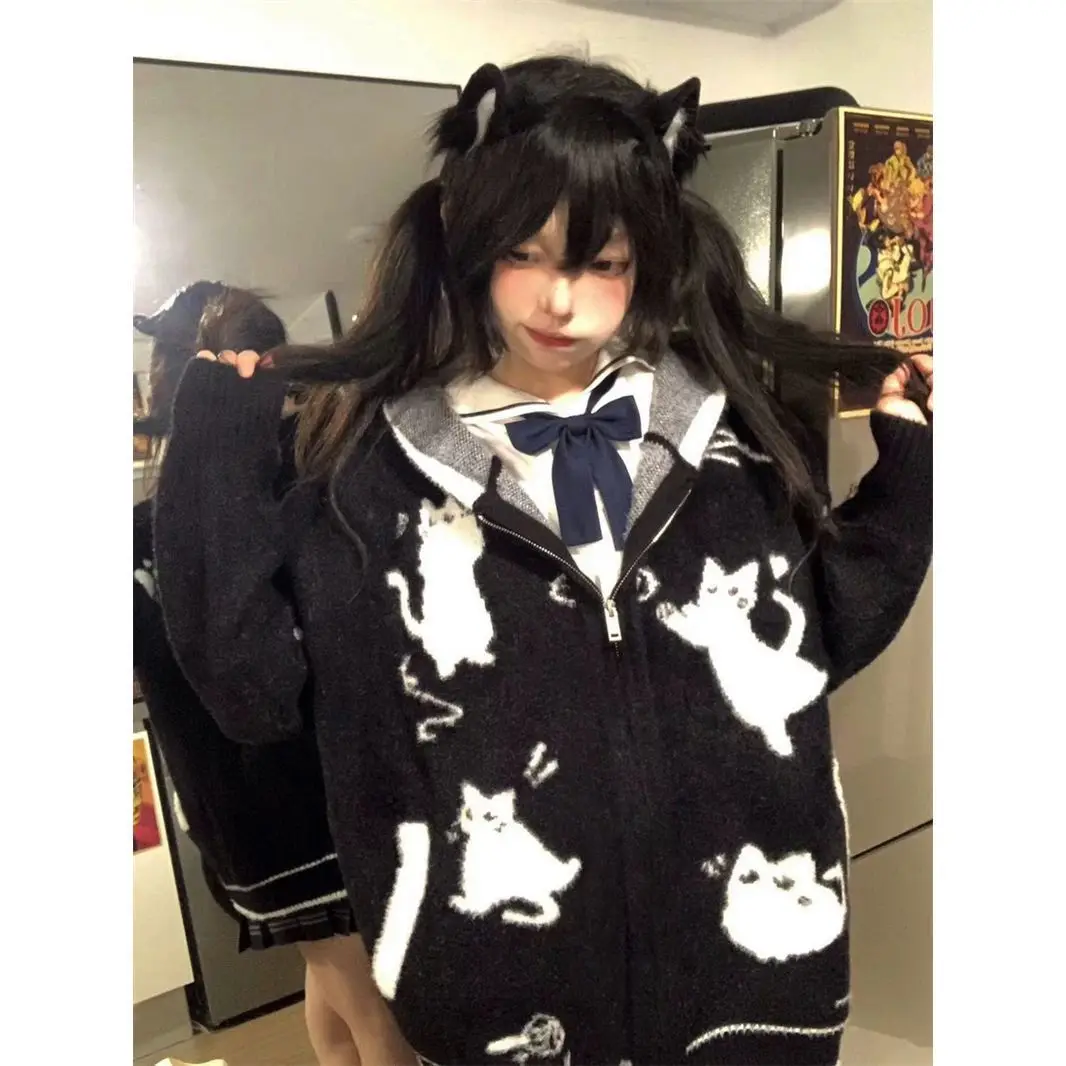 Japanese soft girl Dark cat imitation Mink sweater Coat Small flesh shield cute hooded zipper knit cardigan trend