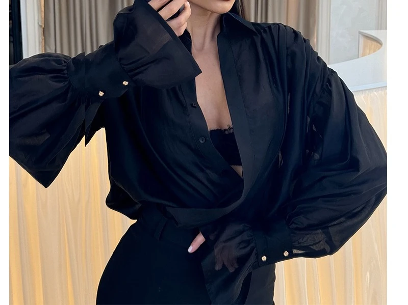 2025 Spring New Sweet Loose Turn Down Collar Lantern Sleeve Long Sleeve Blouse Women Top