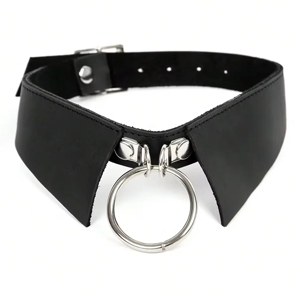 Punk Halloween Pu Leather Fashion Necklace With Large Pull Ring Summer Tie For Men And Women Couples