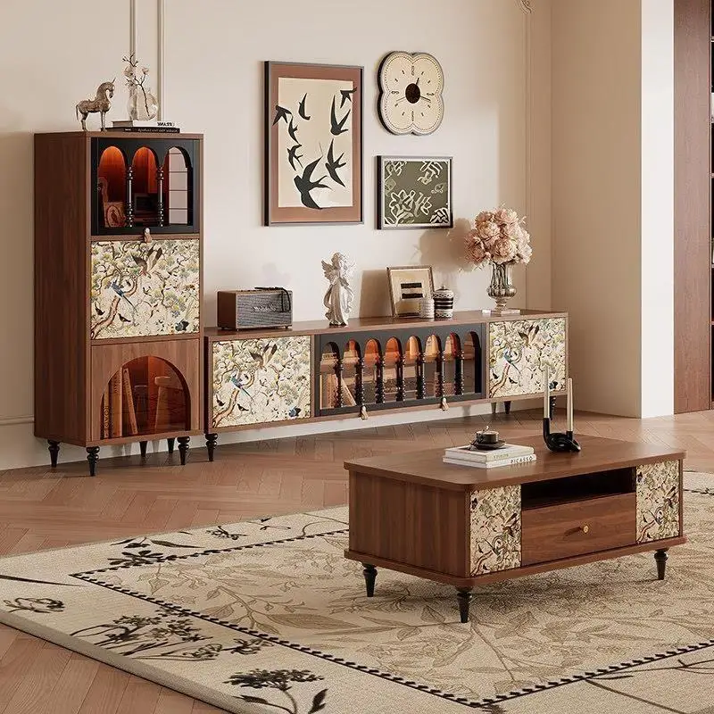 HYS TV cabinet coffee table combination household living room antique storage side cabinet solid wood retro TV cabinet