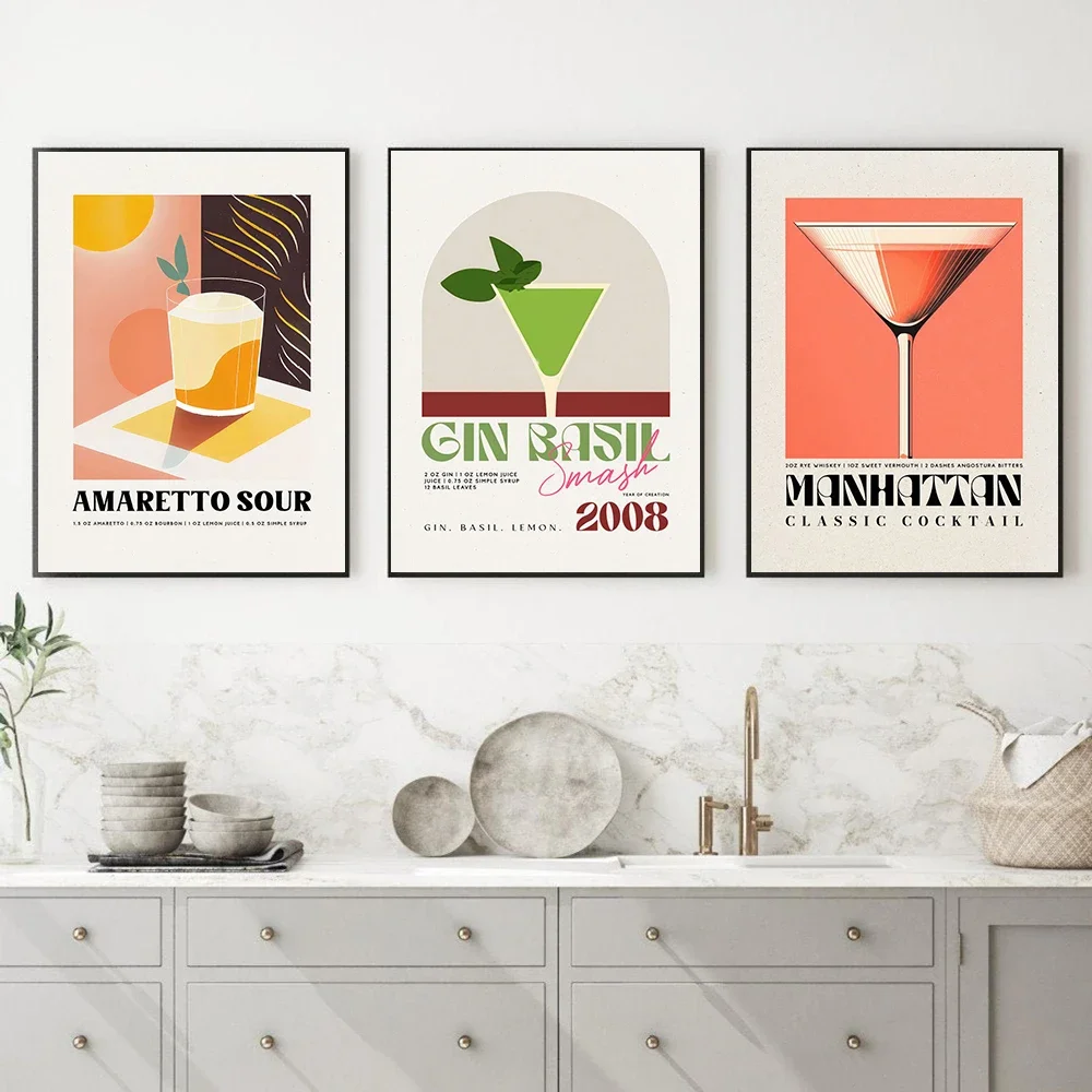 Impresiones artísticas de cóctel de Manhattan, carteles Vintage, decoración de pared, bebida clásica, Martini seco, Margarita, Gin, Basil, Smash, cocina, Bar, Club