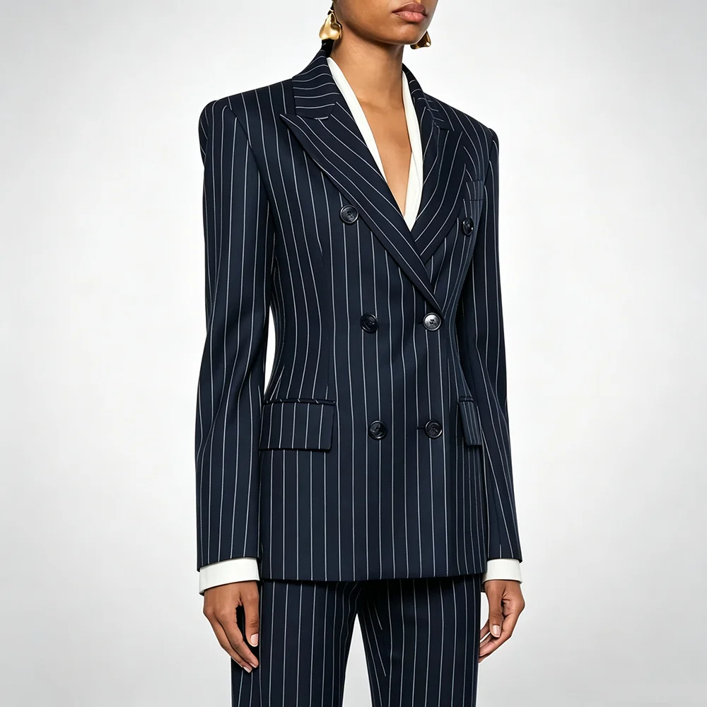 Elegant Navy Blue Stripe 2 Pieces Suits Double Breasted Women Blazer Flare Pants Customized Formal Smart Casual Lady Outfit