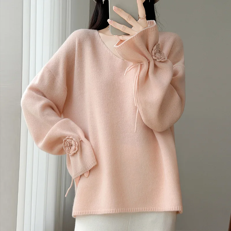 Women's 100%Merino Wool Pullover Sweater V‑Neck Cuff Crochet Rose Appliqué Drawstring Tie Premium Luxe Versatile Classy Knit Top