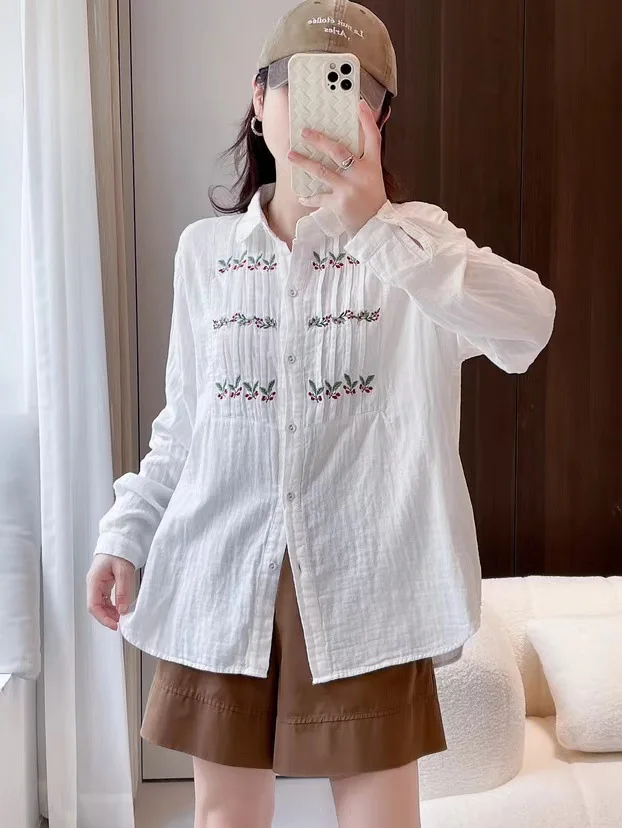 

Elegant women's blouses 2024 Japan style cotton yarn long sleeve plant embroider white shirts women autumn ladies clothes