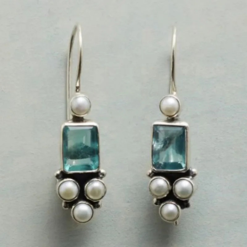 Vintage Geometry Imitation Pearl Ngle Waomen's Earrings Creativity Silver Color Square Inlaid with Green Stones