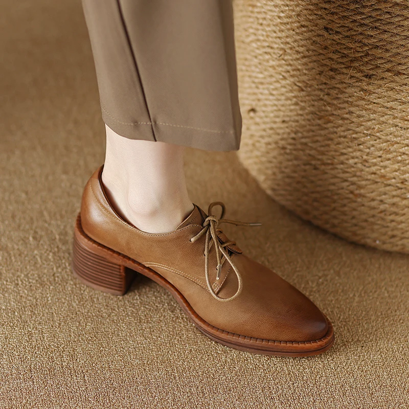 Women Pumps Shoes Genuine Leather Retro Thick High Fashionable Pointed Toe versatile and Comfortable High Quality Lace-up A70